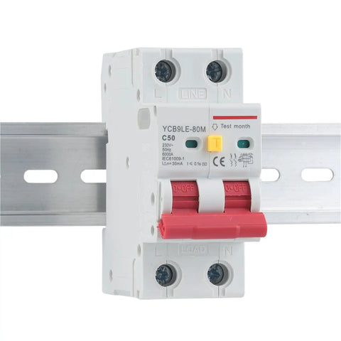 Pro Grade Heavy Duty Two Pole Residual Current Circuit Breaker With Ironclad 30mA Grounding And Overload Tripping Switch For Tough Residential Electrical Panels 230V 16 Amps mounted on a rail.