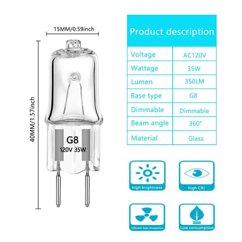 35W Halogen G8 Bi Pin Under Cabinet Puck Lights 2700K Warm White 360 Degree Beam Eco Friendly No Mercury Instant On 110V 120V 130V Easy Install 10 Pack For Bright And Even Task Lighting with product specifications