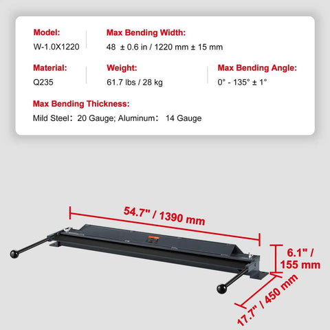 Box And Pan Brake 48 Inch Sheet Metal Bender For 0 To 130 Degree Bends Portable Mini Metal Brake For 20 Gauge Steel And 14 Gauge Aluminum