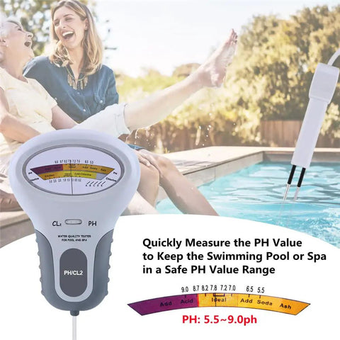 2 In 1 Water Tester for Pools and Spas Handheld CL2 Level Meter and Probe in use by a pool