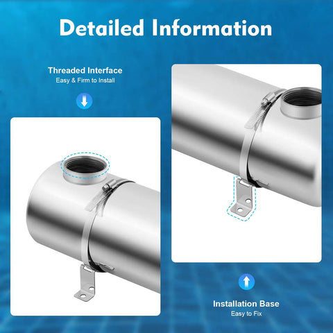 200KBTU Pool Heat Exchanger With 304 Stainless Steel Shell And Tubes, Same Side Ports 1 Inch And One Half Inch Fpt, 4.8 Sq Ft Heat Transfer Area For Swimming Pools, Spas, Hot Tubs, And Solar Heating