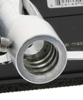 Close-up of Pole Sander Head With No-Flip Design, Quick Release Clips, And Universal Coarse Thread Collar, metal thread detail.