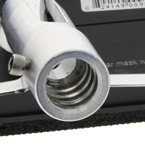 Close-up of Pole Sander Head With No-Flip Design, Quick Release Clips, And Universal Coarse Thread Collar, metal thread detail.