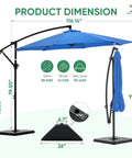 10 Foot Offset Cantilever Patio Umbrella With Base Included No Fuss Setup UV Protection in blue with dimensions shown