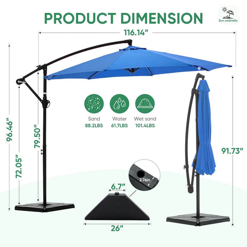 10 Foot Offset Cantilever Patio Umbrella With Base Included No Fuss Setup UV Protection in blue with dimensions shown