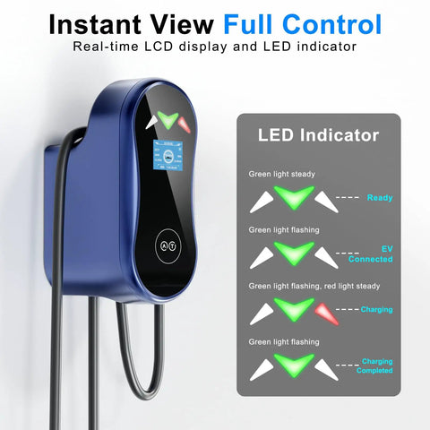 Tesla Level 2 48 Amp EV Charger With App Control showing LED indicator and real-time LCD display for home use