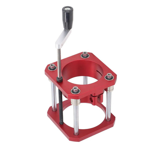 Router Lift Base For Woodworking Tables Pro Grade Aluminum Alloy And Stainless Steel 4 Jaw Clamp No Sweat Install Heavy Duty Lifting System Fits 64 To 65mm Routers And Edge Trimmers red router lift base with hand crank and four-post clamp