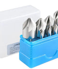 82 Degree 6 Flute HSS Countersink Set, 8 Pack, Precision Ground Countersinks displayed in blue case with plastic packaging.