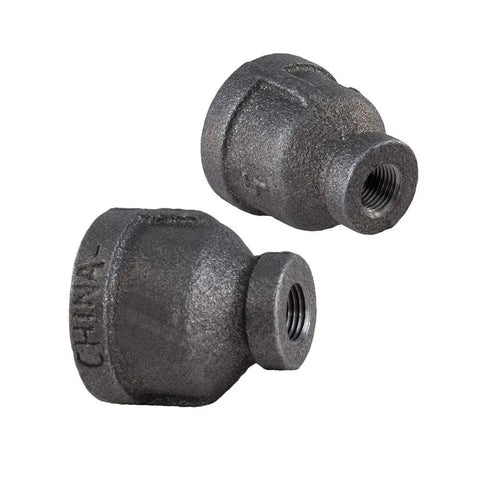 Built Tough Malleable Iron Reducing Coupling Threaded Pipe Fitting Connector 6X4 Inch heavy gauge steel connectors in black finish.