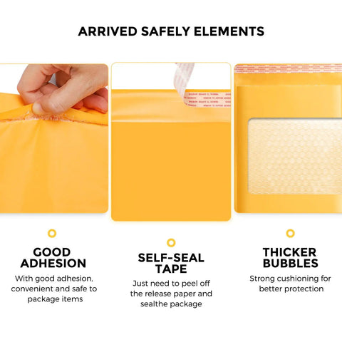 Kraft Bubble Mailers 4x8 Inches 50 Pack Self Adhesive Padded Envelopes With Thick Bubble Waterproof Cushioned Shipping Mailers 4x7 Inner Yellow For Small Biz showing adhesion, self-seal tape, thick bubbles.
