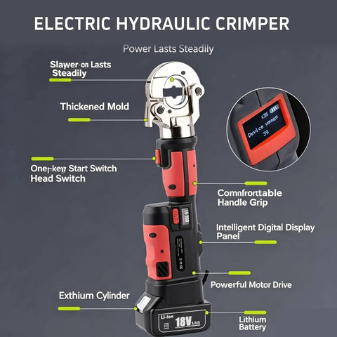 6 Ton Electric Hydraulic Crimping Tool Rechargeable Cordless Terminal Pliers with digital display and comfortable grip.