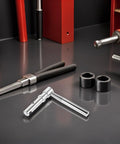 Beefy CNC Precision Boiler Door Handle Replacement Hardware For Fireplace Doors And Stove Handles Universal Stove Door Knob Replacement Parts Durable Metal Pull Grip Easy Install Safe And Reliable Fits Coal Stoves And More. silver metal handle with black grip