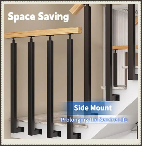 White Side Mount Stair Balusters 30 Pack With Hella Strong Adjustable Brackets And Full Hardware Kit For Outdoor Deck Railing Systems Built Like A Tank Solid Square Metal 39 Inches Tall showcased in a modern staircase setting.