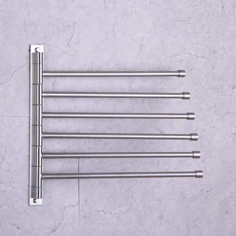 Wall-mounted Six Arm Swing Arm Towel Bar Rack in brushed stainless steel showing arms extended for bathroom organization.