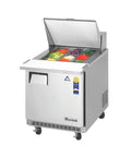 Badass Build Commercial Pizza Prep Table With Swing Top Lid And Locking Casters Eight Cubic Feet Stainless Steel NSF Certified, open with fresh ingredients.