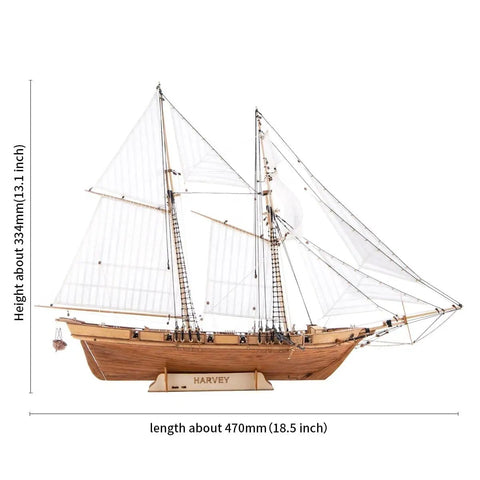 Wooden Ship Model Kit for Grownups One Ninety Six Scale Harvey 1847 Trading Ship side view, cherry wood with detailed sails.