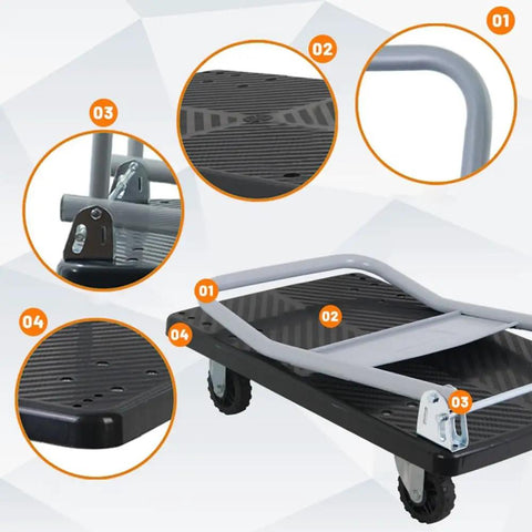 Heavy Duty Folding Platform Trolley On Wheels, utility cart with textured platform, metal handle, and sturdy wheels for warehouse