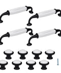 Slick Farmhouse Cabinet Knobs And Pulls Set 12 Piece Hardware Kit Featuring 5 Inch Center To Center Spacing White Ceramic Centers And Matte Black Alloy Bases includes 4 drawer pulls and 8 knobs.