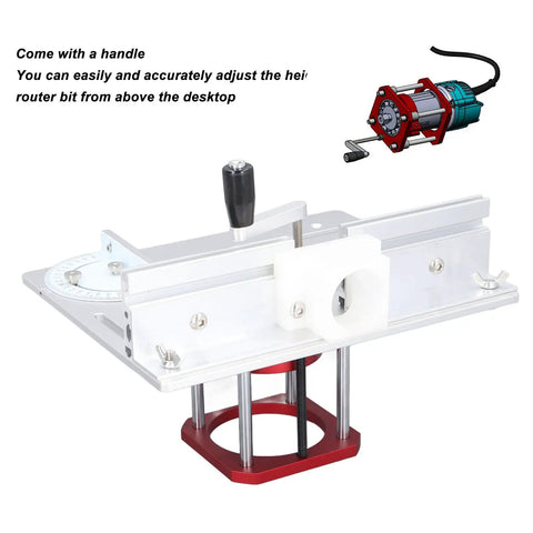 Top Drawer Router Table Kit With Snappy 0 To 54 Millimeter Lift System and Bulletproof Alloy Insert Plate for precise height adjustment.