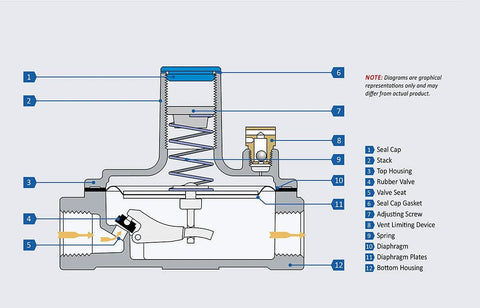 Gas pressure regulator cutaway showing spring, diaphragm, valve seat, adjusting screw, and vent device in blue housing.