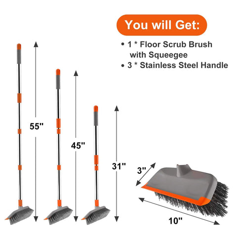 Long Handle Deck Scrub Brush With Squeegee 2 In 1 Heavy Duty Floor Cleaning Scrubber With Stiff Bristles For Garage Concrete Tile Patio Outdoor Porch Indoor Kitchen Shower Bathroom