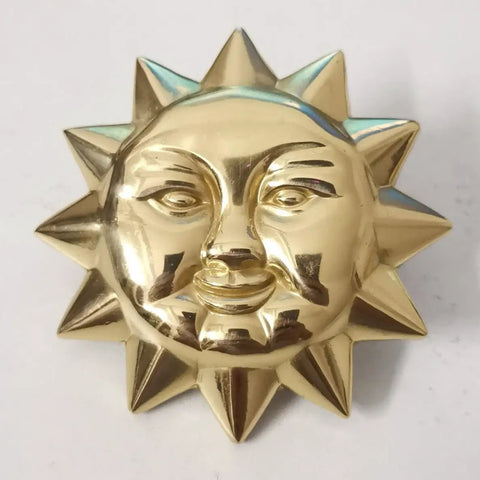 Solid brass sun face knob from Sun Moon Cabinet Knobs Set; antique finish, celestial design; rust resistant hardware for decor