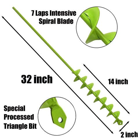Stand Up Post Hole Auger Drill Bit 32 Inch Long And 2 Inch Diameter, Heavy Duty Green Auger With Intensive Blades For Planting