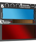 Close-up of Flex Series Red Shade 5-13 Auto Darkening Welding Lens 2x4-1/4 with adjustable shade and teal clarity view.