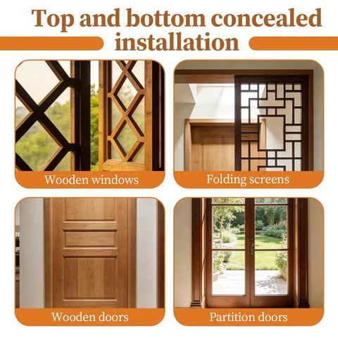 Graphic showing concealed door hinge options for wooden windows, folding screens, wooden doors, and partition doors.