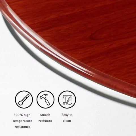 Close-up of Tempered Glass Lazy Susan Round Tabletop Rotating Serving Tray showcasing red wood grain with durability icons.