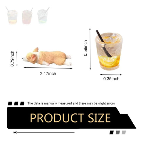 Product size showing Cool Car Interior Decor Duo Featuring A Playful Corgi And Iced Lemonade Tea Resin Ornaments dimensions in inches