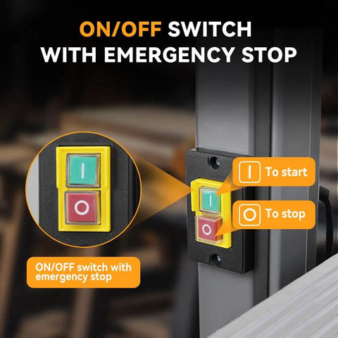 Close-up of on/off switch with emergency stop on 12-Inch Band Saw With Stand, Beefy 7 Amp Two-Speed Benchtop For Woodworking And Metal Cutting.