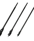 Three Piece Twelve Inch Wood Auger Bit Set With One Quarter Inch Quick Change Hex Shank, black finish, front view of bits.