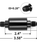 Heavy Duty An6 Billet Inline Fuel Filter With Removable Replaceable Canister Black Anodized Aluminum Housing dimensions 3.58 in long, 2.4 in wide.