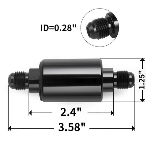 Heavy Duty An6 Billet Inline Fuel Filter With Removable Replaceable Canister Black Anodized Aluminum Housing dimensions 3.58 in long, 2.4 in wide.