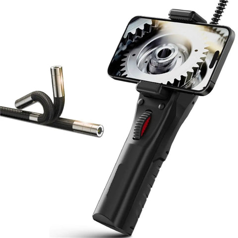 Top Shelf Flexible Borescope Camera featuring fully articulated twisting head with bright LED lamp for auto engine checks, close-up view.
