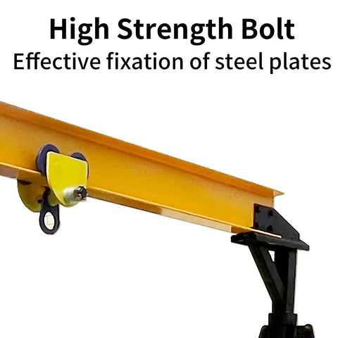 High strength bolt on portable gantry crane ensuring effective fixation of steel plates for secure lifting.