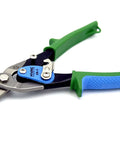 Right Cut Aviation Snips Heavy Duty Metal Shears with green handles, spring loaded serrated edge, for sheet metal and tin cutting