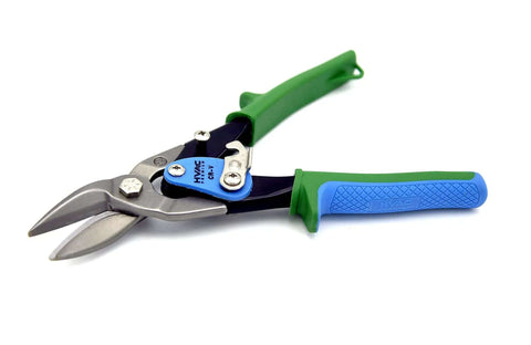 Right Cut Aviation Snips Heavy Duty Metal Shears with green handles, spring loaded serrated edge, for sheet metal and tin cutting