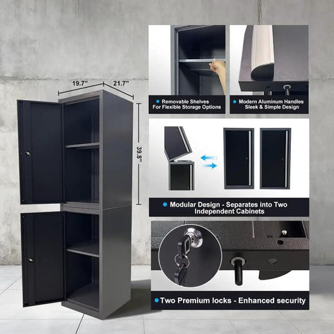 Detailed view of Hardcore Heavy Duty Workbench Cabinet Set With Overhead Storage Steel Pegboards, highlighting modular design and locks.