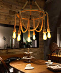 Hemp Rope Six Light Hanging Pendant Ceiling Light Fixture, Dope Industrial Vintage Rustic Chandelier in cozy dining room setting