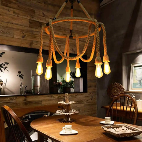 Hemp Rope Six Light Hanging Pendant Ceiling Light Fixture, Dope Industrial Vintage Rustic Chandelier in cozy dining room setting