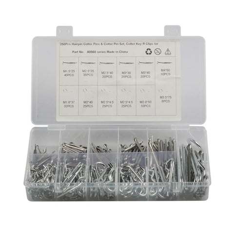 250 Piece Stainless Cotter Pin And Hairpin Kit With Spring Retaining Pins, Clip Pins For Auto Repair, DIY Projects, And Mechanical Maintenance, Durable, Easy Install And Removal. Clear organizer box with assorted stainless cotter pins