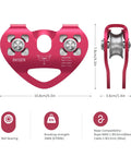 Beefed Up Zipline Pulley Trolley 30KN Double Sheave For Quarter, Five Sixteenths, Three Eighths, And Half Inch Cables, Aluminum Magnesium Alloy Shell With Stainless Steel Bearings, front view.