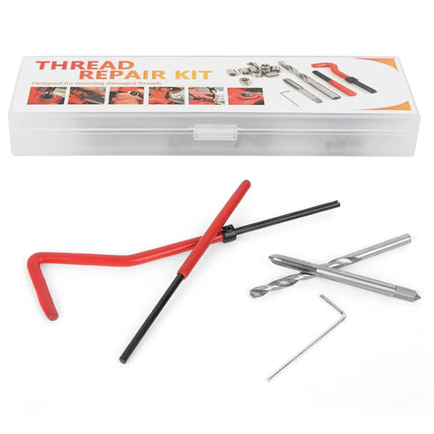 Thread Repair Insert Kit M4 25 Piece Set With Plastic Case For Machinery Restore Damaged Threads In Steel Iron Aluminum And Other Metals Easy To Install Durable Tool For Home Shop And Professional Repairs, case and tools laid out