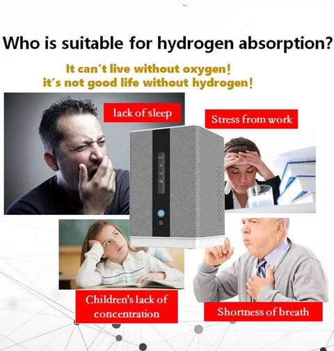 Image collage with Portable 2 In 1 Hydrogen Inhaler And Water Generator showing uses for lack of sleep, stress, and concentration issues.