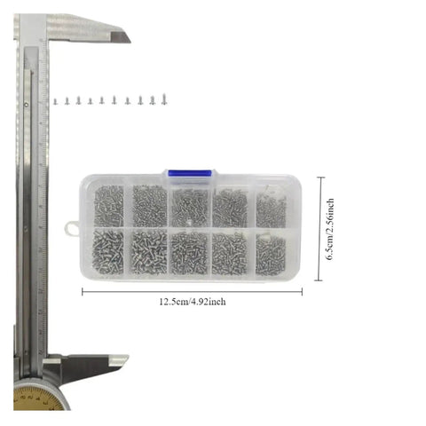 600 And 1200 Piece Miniature Self Tapping Screws Set, Crosshead Phillips Head Carbon Steel Kit in clear box with dimensions