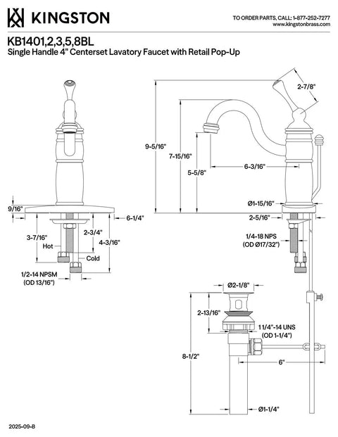 Technical diagram of Victorian Mono Block Bathroom Faucet in Antique Brass with drip free cartridge and pop up drain included.