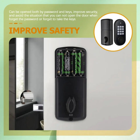Slick Electronic Keypad Deadbolt For Wooden Doors Keyless Entry Security Anti Peeping Virtual Password Setup Rock Solid Copper Core Build No Fuss Operation Keeps Your Home Safe Through Thick And Thin Everyday mounted on wall with battery compartment.