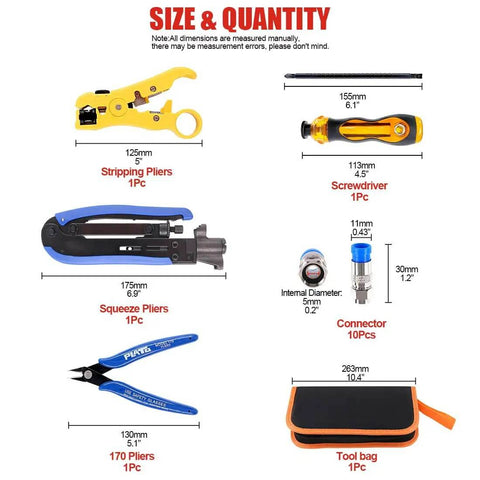 5 In 1 Pro Grade Coaxial Compression Tool Kit With Crimper And Cable Stripper Includes RG6 RG59 RG11 10 Piece F Connectors